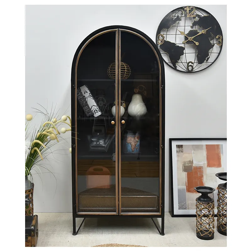 Accueil Accent Tiroir de rangement industriel vintage Arche noire Grande armoire en métal avec étagères et portes en verre pour le salon