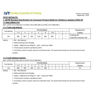 Physical and Mechanical Test CPSC USA Standard CPC FDA GCC FHSA <strong>Testing</strong> Report for Kids Jewelry Products in USA Market