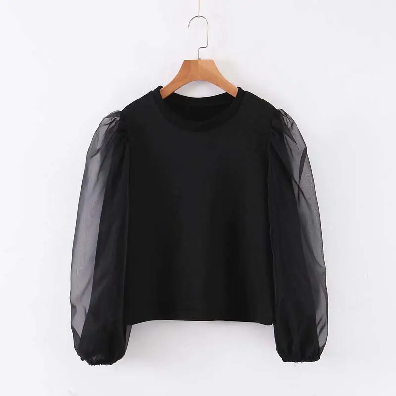 Wy247 mujer elegante color negro de malla de manga casual sudadera Jersey tops sudadera mujer bluza listonoszka Frauenkleidung