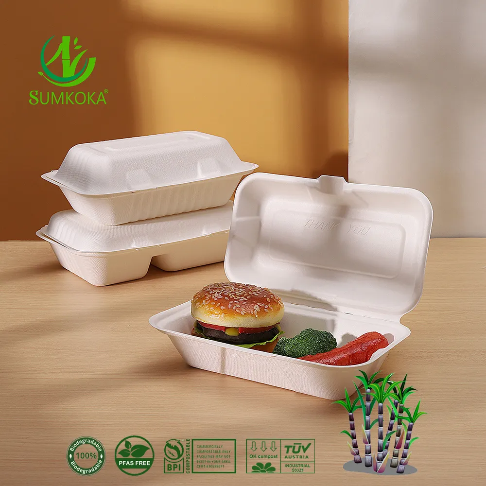 SUMKOKA-Caja de almuerzo compostable biodegradable libre de PFAS para comida, embalaje de alimentos, caja de bagazo