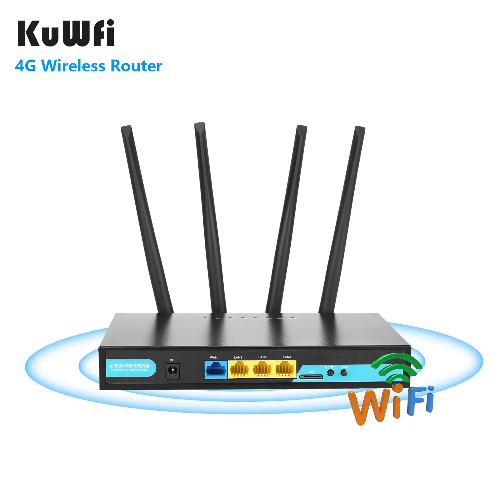 उच्च-संचालित KuWFi एम्पलीफायर 3 जी 4G रूटर cat4 150Mbps 30 वाई-फाई उपयोगकर्ताओं rj45 इनडोर 4g lte वाईफ़ाई रूटर के साथ सिम कार्ड