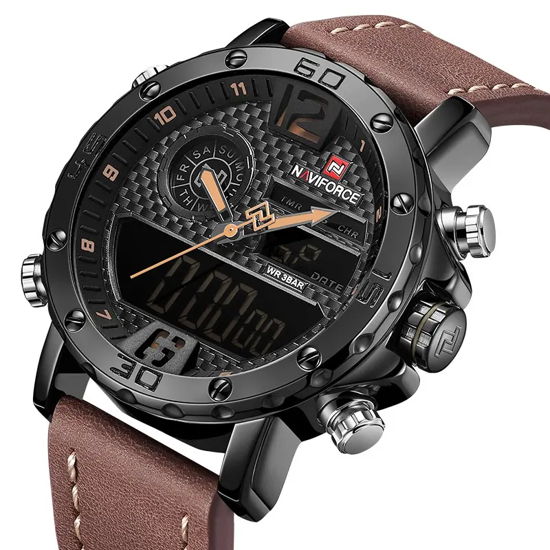 NAVIFORCE jam tangan kuarsa untuk pria, arloji olahraga kasual modis tahan air dengan Alarm Digital LED 9134 Reloj hombre