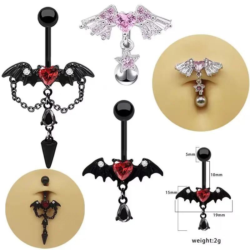 NUORO Gothic Black Wings Belly Button Ring 316L Surgical Steel Red Zircon Heart Bat Wing Dangle Navel Piercing For Women