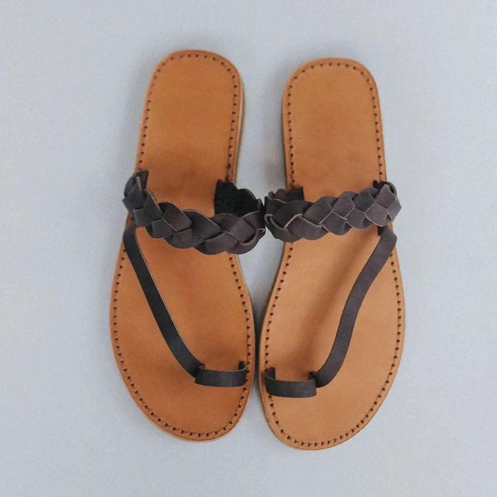 Sandalias Griegas hechas a mano, sandalias de cuero genuino para mujer, zapatos de color marrón cacao, Sandalias planas con correa en T