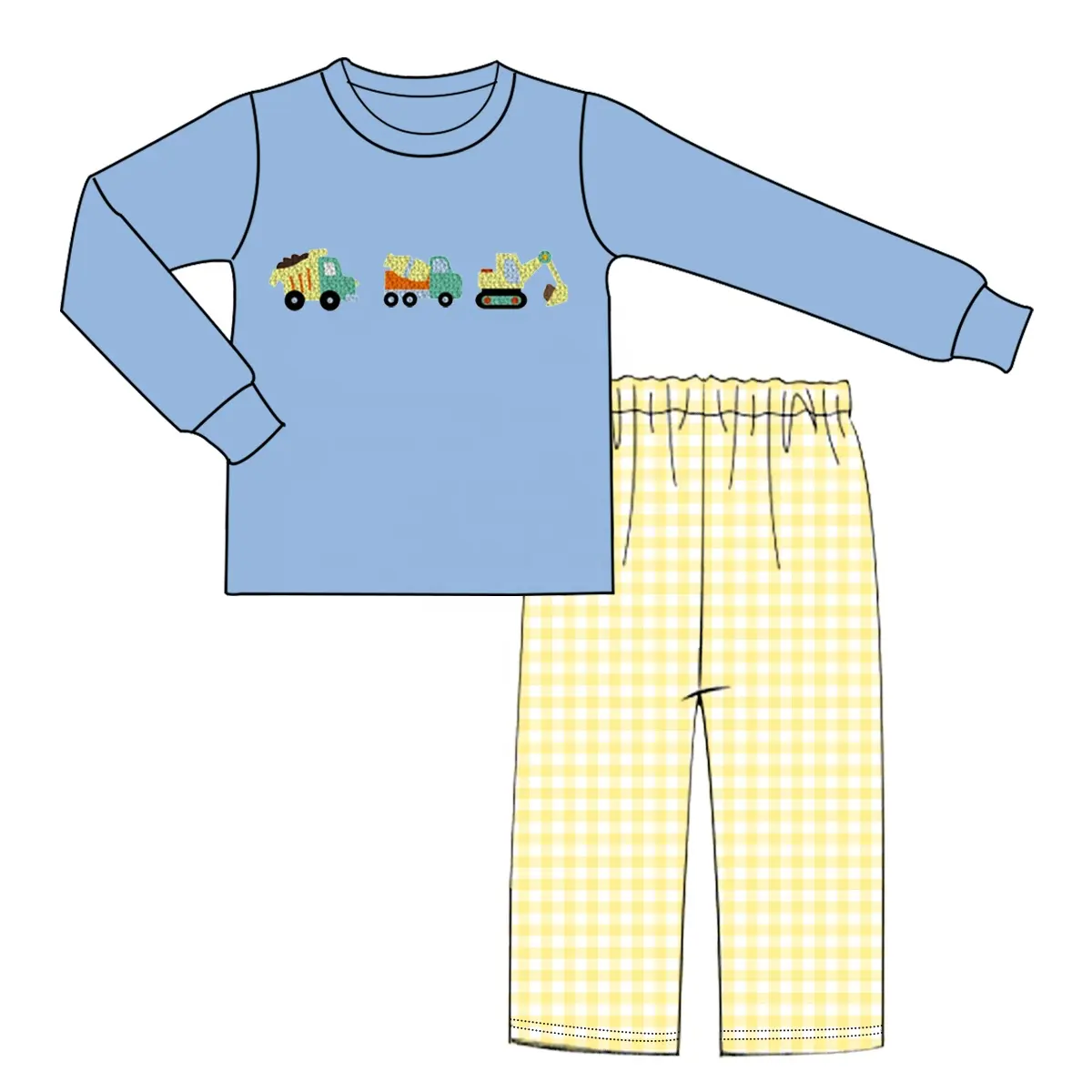 Camisas de manga larga de punto azul para niño pequeño, conjunto de pantalones Gingham, 3T, traje de construcción para niño pequeño