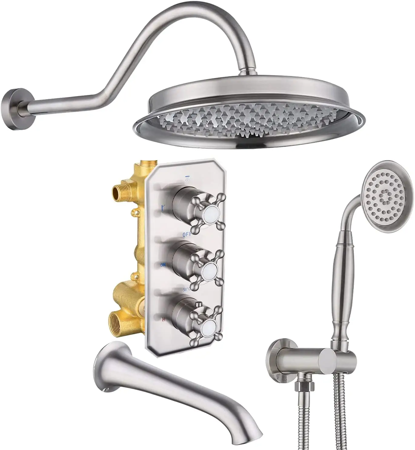 Ensemble de robinet de douche thermostatique pour baignoire Système de douche antique en nickel brossé mural de 9 pouces avec bec de baignoire