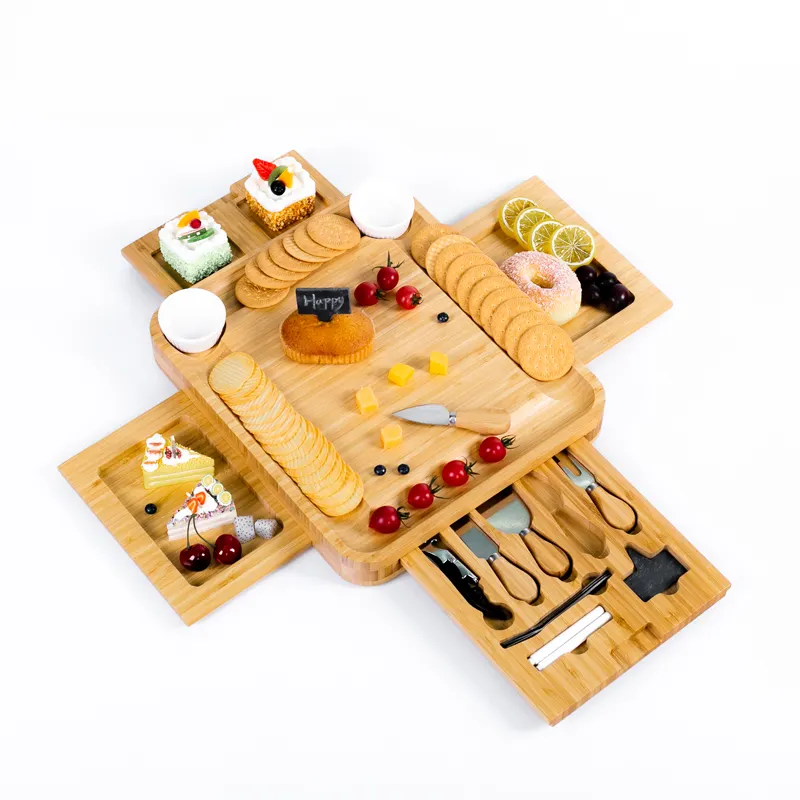 Eco Friendly kitchen bamboo wooden cutting cheese board and Cheese Serving Platter with Cutlery Set