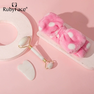 RubyFace yeşim silindir kuvars yüz masajı gua sha güzellik yüz masajı gül yeşim silindir seti yüz ile kafa bandı - Product Image 6
