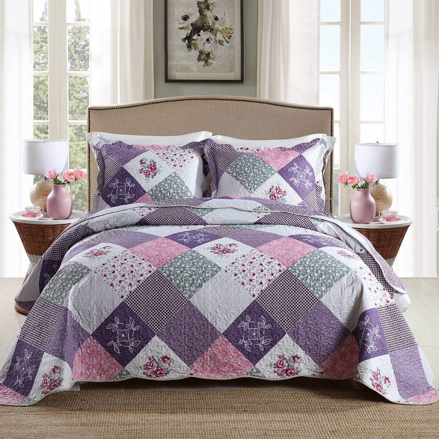 High Quality New Fashion King Size Home Textile Superfine Fiber Checkered Floral Quilt Bedding Set