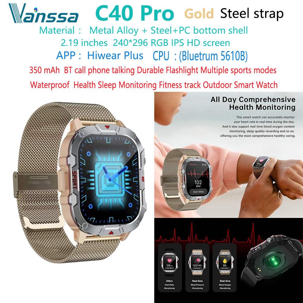 Montre intelligente de sport d'extérieur C40-pro-fitness-tracker en acier doré