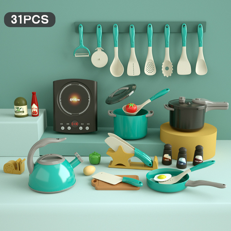 Jouet de cuisine avec cuisinière à induction (31 pièces, vert)