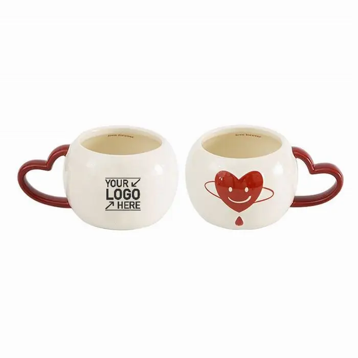 Taza de café de cerámica con mango en forma de corazón, taza bonita de cerámica con asa para escuchar, taza de desayuno con logotipo personalizado, 350ml/11,60 oz