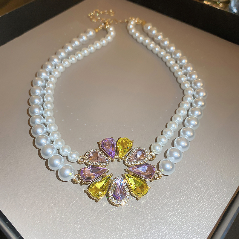 29diamond-embellished water drop pearl double layer necklace