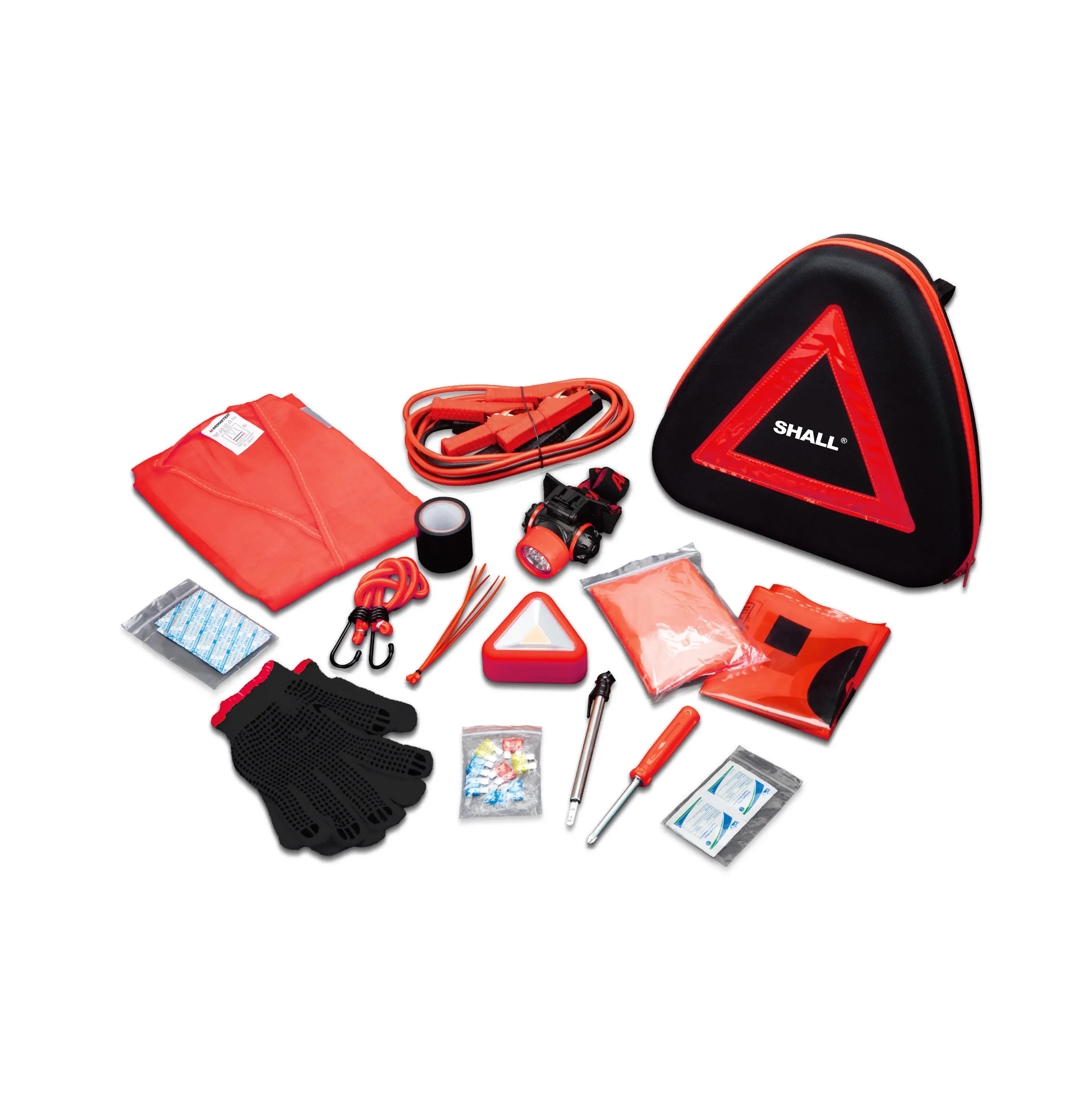 Kit de alarme de emergência para carros, colete reflexivo triangular com ferramentas para trânsito rodoviário, kit de luvas e chaves de fenda, kit de primeiros socorros barato, 45 unidades