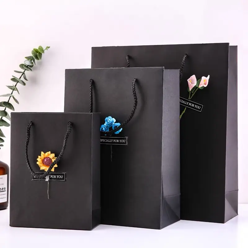 Sac à main de liqueur fait à la main, bouteille de vin, cadeau d'affaires noir, fleur de rose imprimé, logo de shopping, carré pour fleurs, 50 pièces