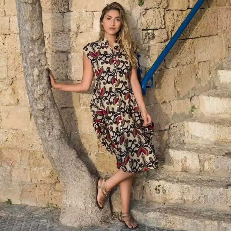 Kurzarm-Revers maximallänge A-Linie fließend Maxi Damen mit Gürtel Sommer lässiges bohemianisches Kleid von Lieferanten aus Indien