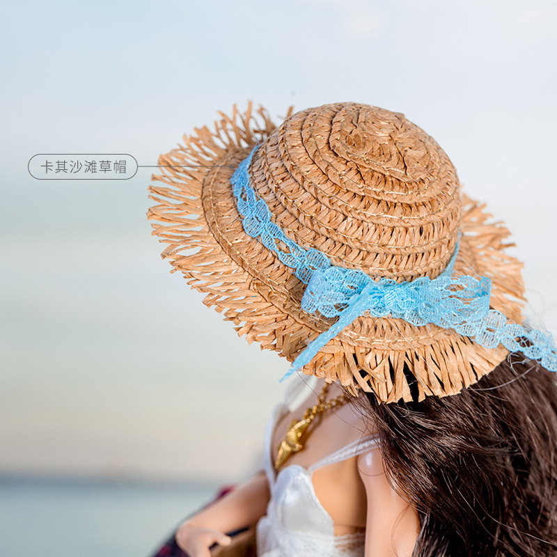 Sombrero de playa de paja color caqui - Talla de supermodelo de 30 cm, apto para muñecas.