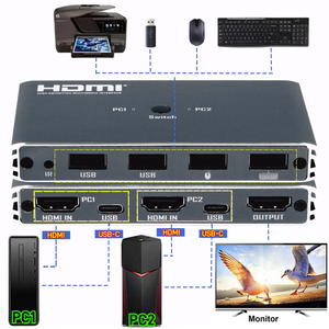 4K 60HZ <strong>KVM</strong> USB <strong>Switch</strong> <strong>2</strong> PC Computer <strong>2</strong> in <strong>1</strong> Out <strong>2</strong>.0 Audio Video Access Switcher 2x1 Shared Display