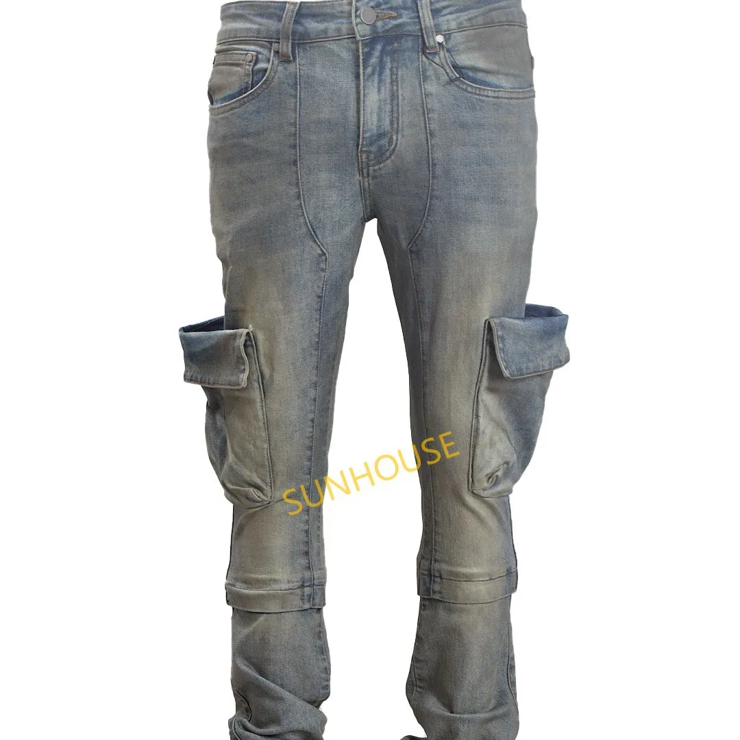 SUNHOUSE 2023microrado Bag Collage Ripped Jeans for Men Fit Jeans Men Streetwear Slim Woven Print Pattern Softener Denim Jeans