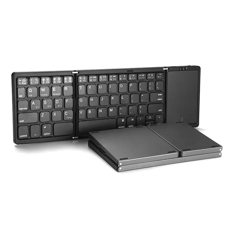 Clavier pliable à dents bleues, clavier sans fil portable à trois volets avec pavé tactile, BT rechargeable par USB pour Android Windows