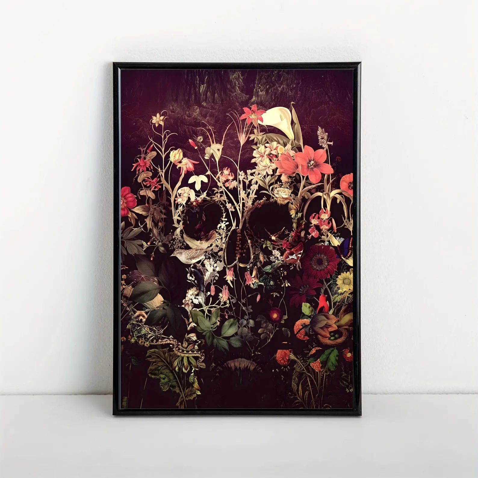 Flower Cranium Art Print Home Decor Gothic Floral Wall Art Halloween Gift Frame Oil Paintings Art Canvas