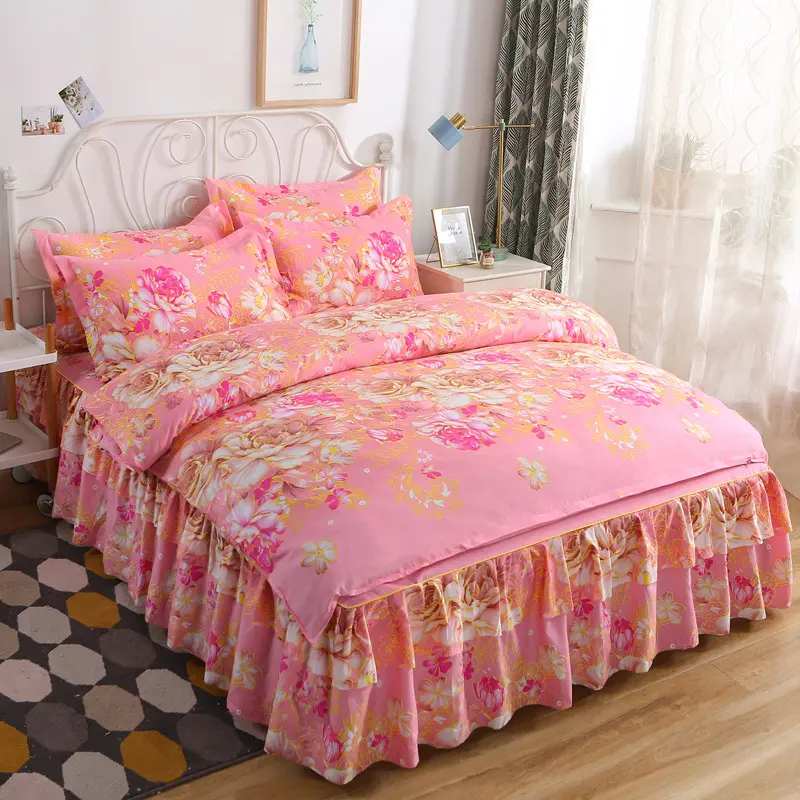 Dekorasi Rumah Seprai Tempat Tidur Tekstil Seprai Datar Bunga Selimut Penutup + Sprei + 2 Sarung Bantal Lembut Hangat Seprai