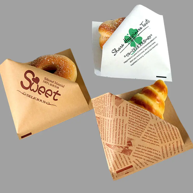 Personalizado Impresso Duplo Bolso Aberto Oilproof GreaseProof Pão Waffle Burger Sanduíche Donuts L-forma Triângulo Em Forma De Saco De Papel