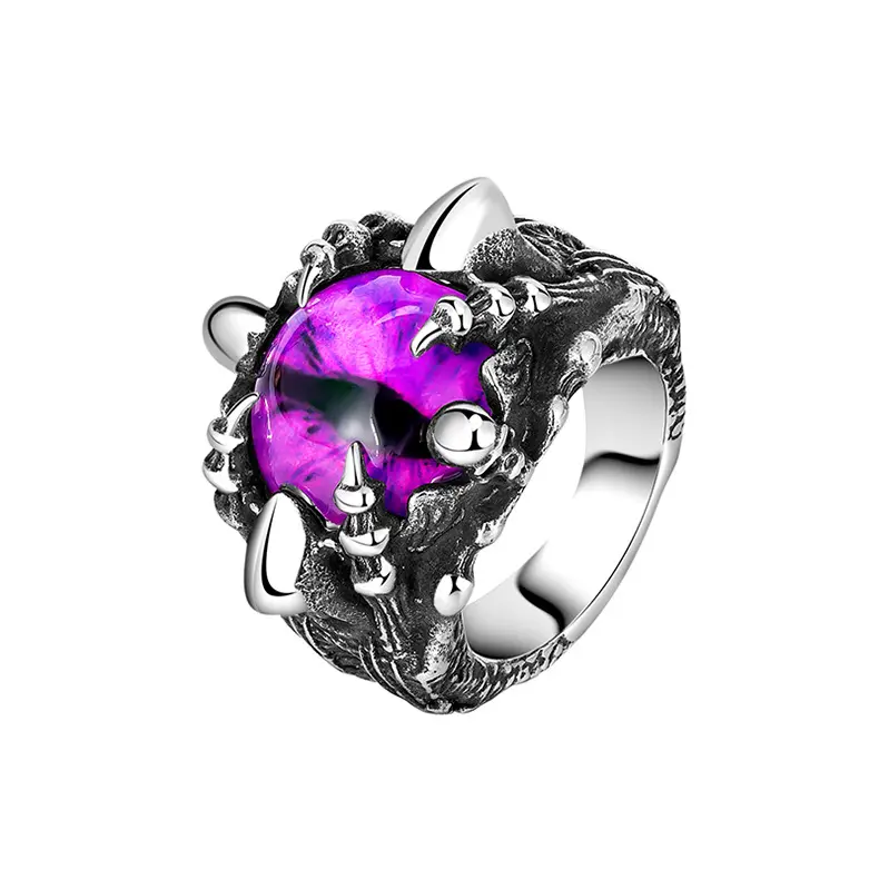 Anello Vintage Biker Punk in acciaio inossidabile Evil Eye Gothic Dragon Claw Purple Gemstone per uomo