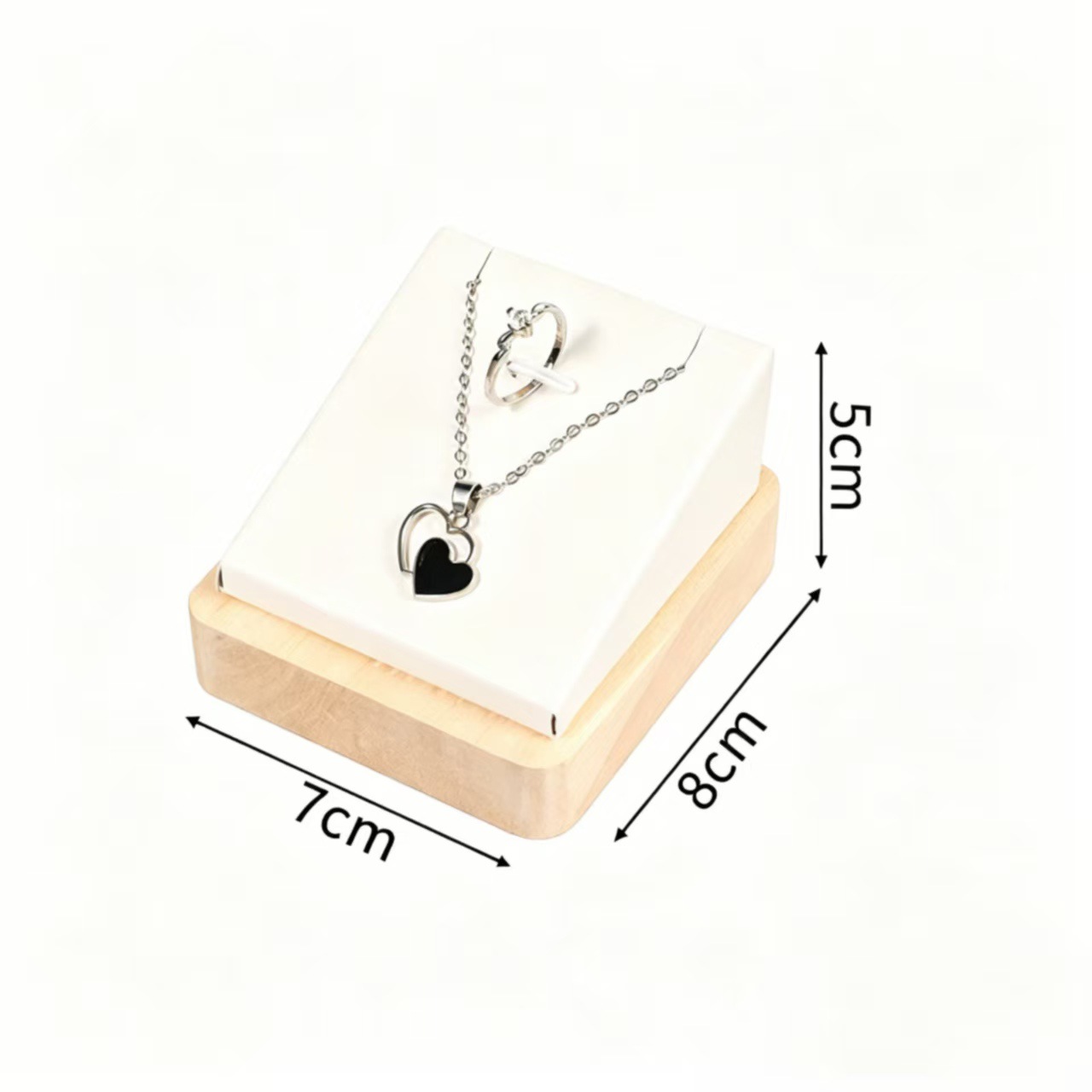 Wooden pendant necklace and ring holder, white leather