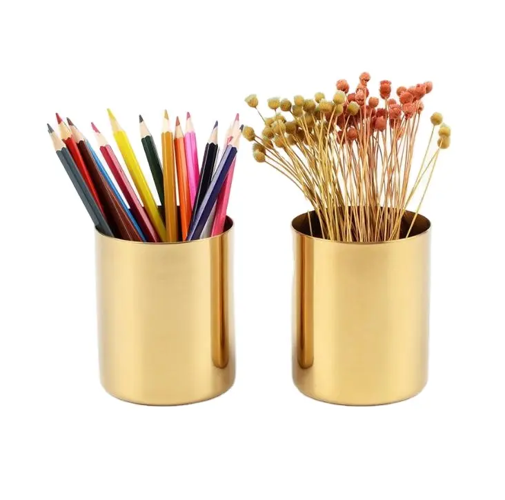 Vase en laiton d'acier inoxydable de porte-stylo rond en métal d'or de Style nordique pour les organisateurs de bureau de décoration à la maison