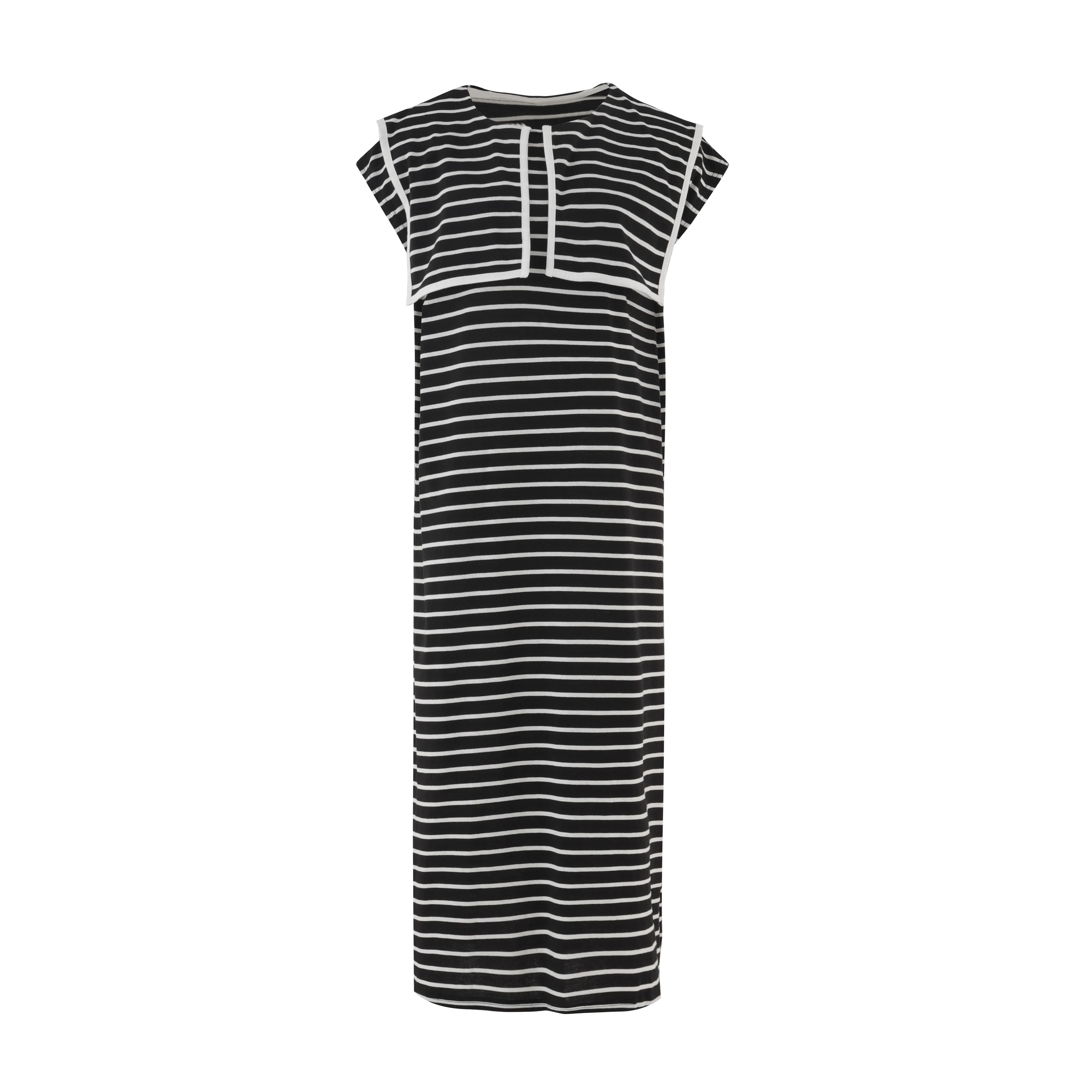 Vestido feminino 100% lã merino preto e branco listrado de gola redonda longa manga curta