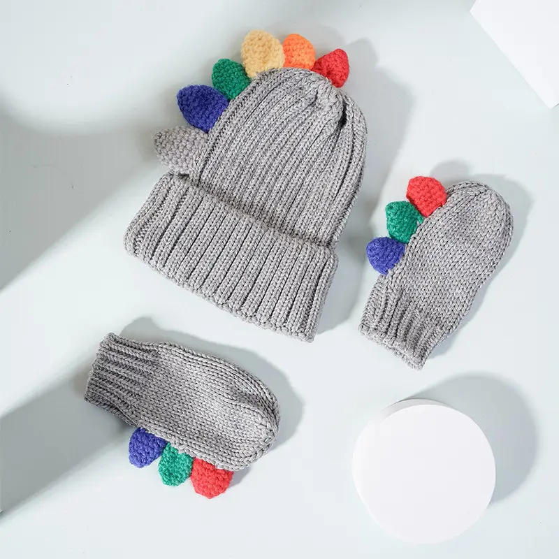 2024 nuevo lindo niños invierno cálido tejido niño dinosaurio protección gorro y guantes mitones conjunto bebé niños niñas gorras