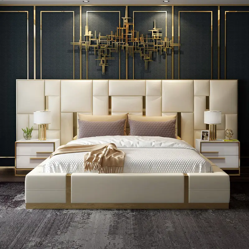 Modern luxury bedroom furniture upholstered real leather italian bed with extended headboard king size white leather bed