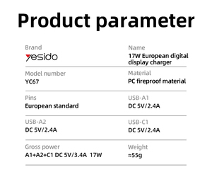 Yesido Three Charging Ports <strong>17W</strong> MAX Charging Smart Digital Display EU Digital <strong>Charger</strong> - Product Image 5