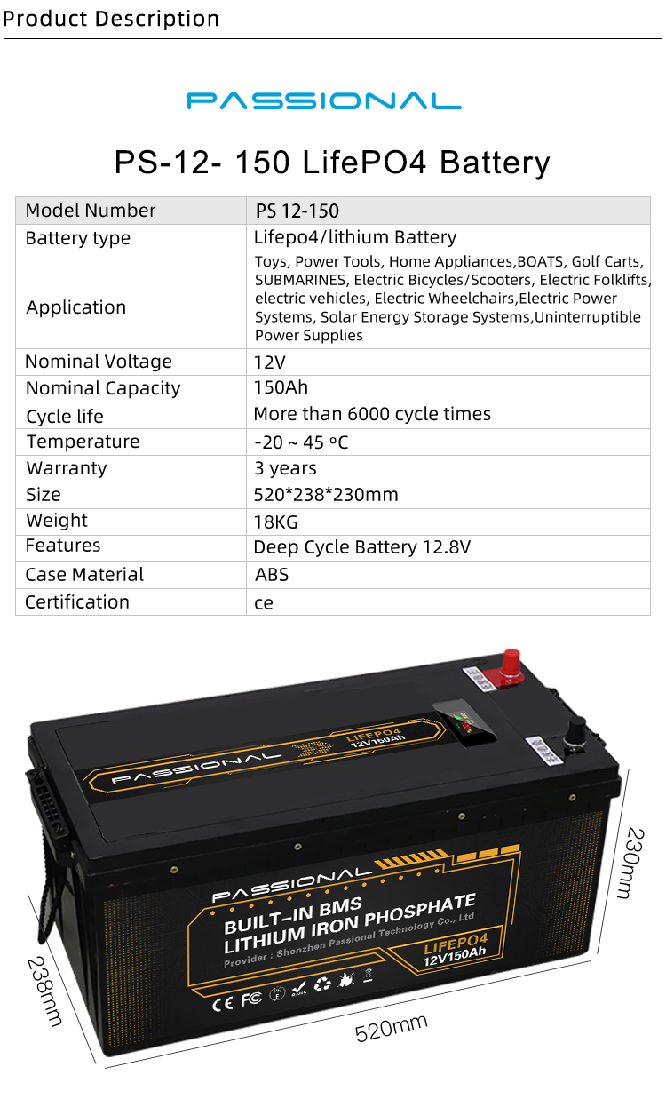 E Bike 12V 150Ah Rechargeable Lithium Battery LiFePO4 Replace Lead Acid 0