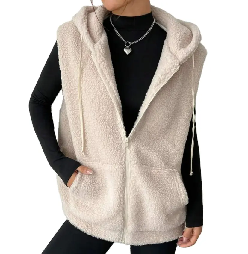 Manteau en duvet à capuche floue zippé pour femme avec cordon thermique sans manches poches obliques pull en polaire veste floue Vestes