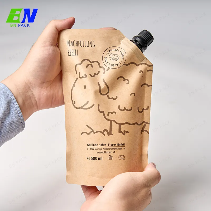 Folha reciclável biodegradável amigável impressa costume Eco Eco Stand Up líquido impermeável sacos de papel Kraft Spout Pouch