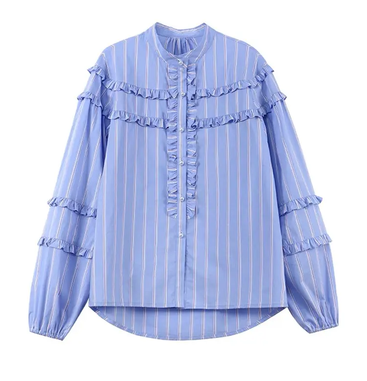 Shirt wooden ear edge blue striped long sleeve 2023 autumn foreign style shirt woman