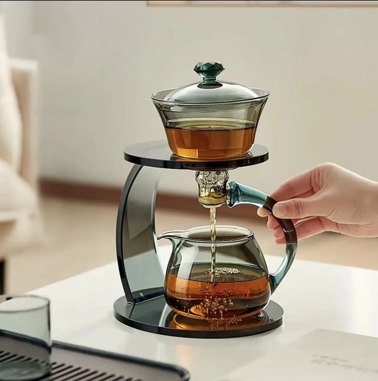 Bộ trà thủy tinh chịu nhiệt bát có nắp xoay chuyển hướng nước từ tính máy pha trà bán tự động ấm trà nhỏ giọt Kungfu lười