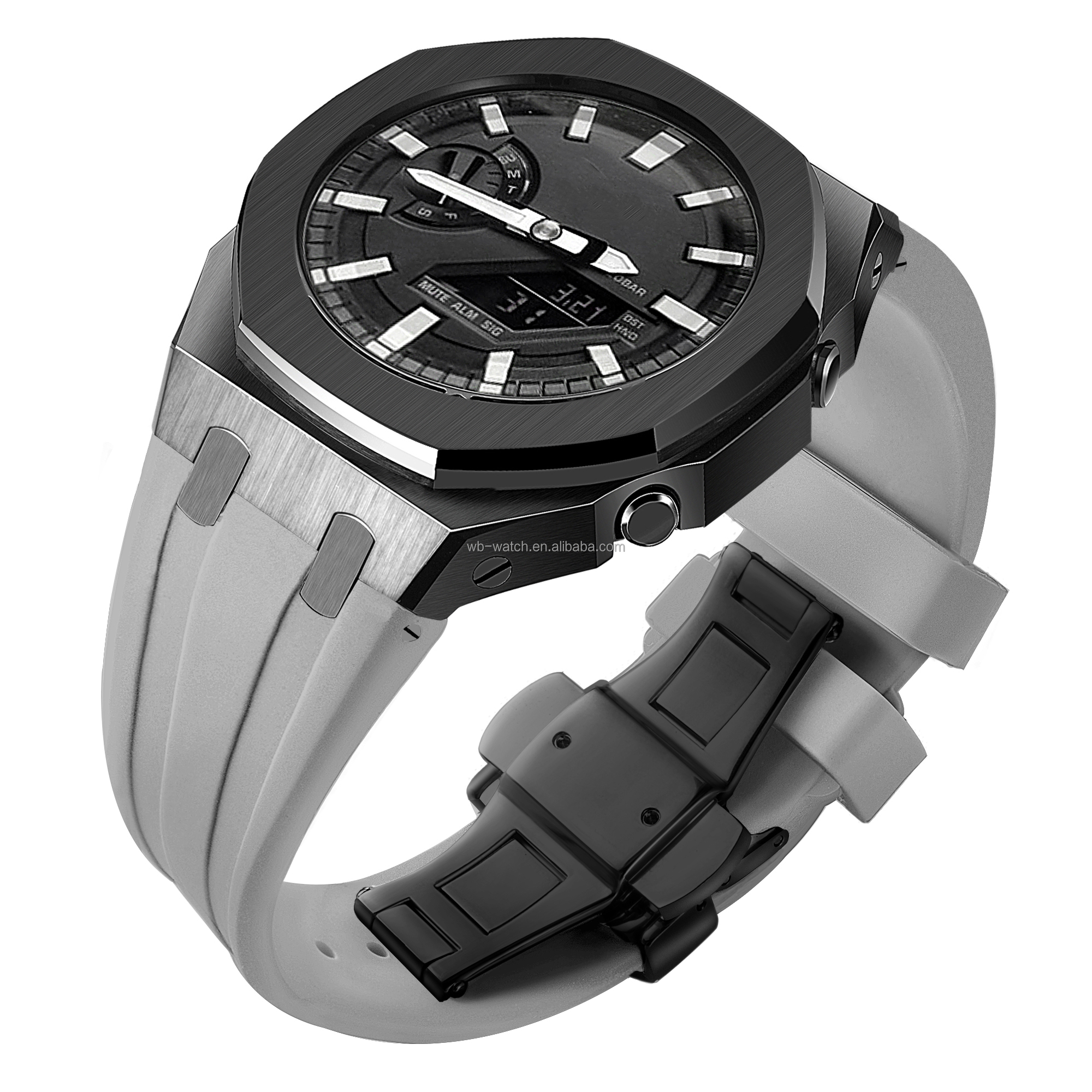 Boîtier noir, bracelet gris