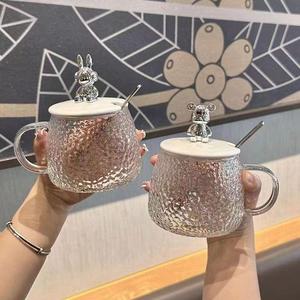 批发400毫升Ins风格吸管玻璃杯高美容现代设计家庭办公咖啡杯带盖和勺子配件