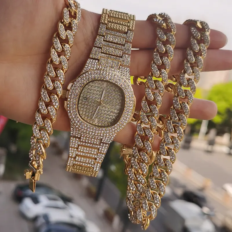 Conjunto de pulseira de relógio masculina, joias douradas conjunto de relógio 12mm cristal de gelo miami cubano corrente hip hop pulseira e colar