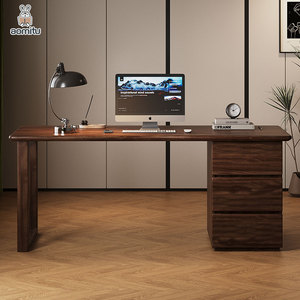 Durable New Chinese Style Real Walnut Wood Laptop <strong>Table</strong> with 3 Drawers Office Home 1.4M Dark Study <strong>Computer</strong> Desk for Storage - Product Image 1
