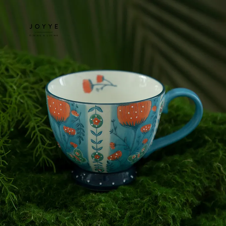 Joyye Blue Flower Tazas de cerámica en stock 16oz 450mL Taza de desayuno Tazas de café de cerámica de flores pintadas a mano personalizadas
