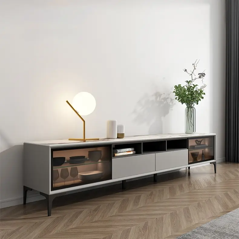 OKF fabbrica vendita diretta casa soggiorno mobili design semplice luce tv stand cabinet con vetro temperato porta dell'armadio