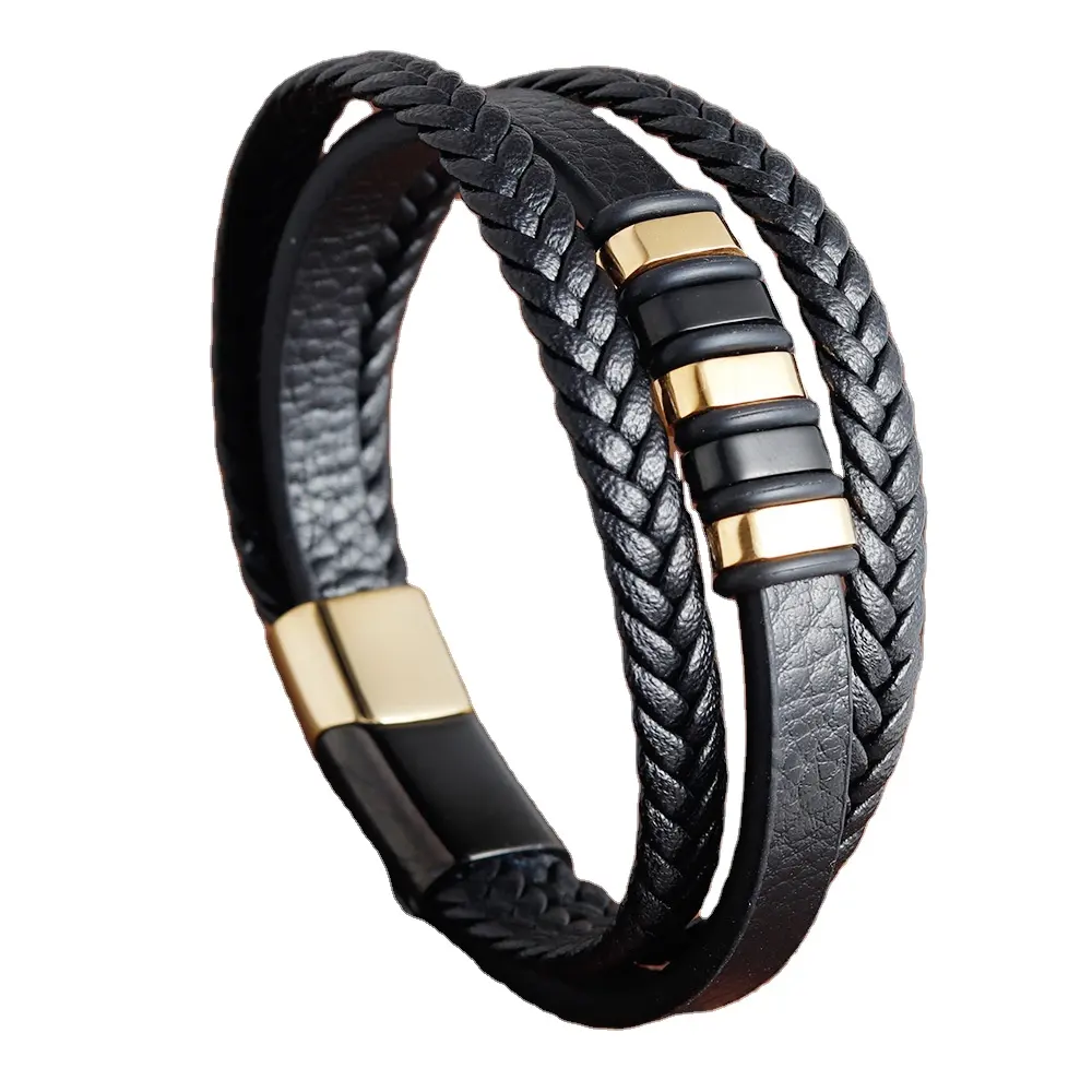 Bracelet en cuir véritable pour homme, avec 3 boutons magnétiques, couleurs noir ou or, Style Punk, livraison gratuite