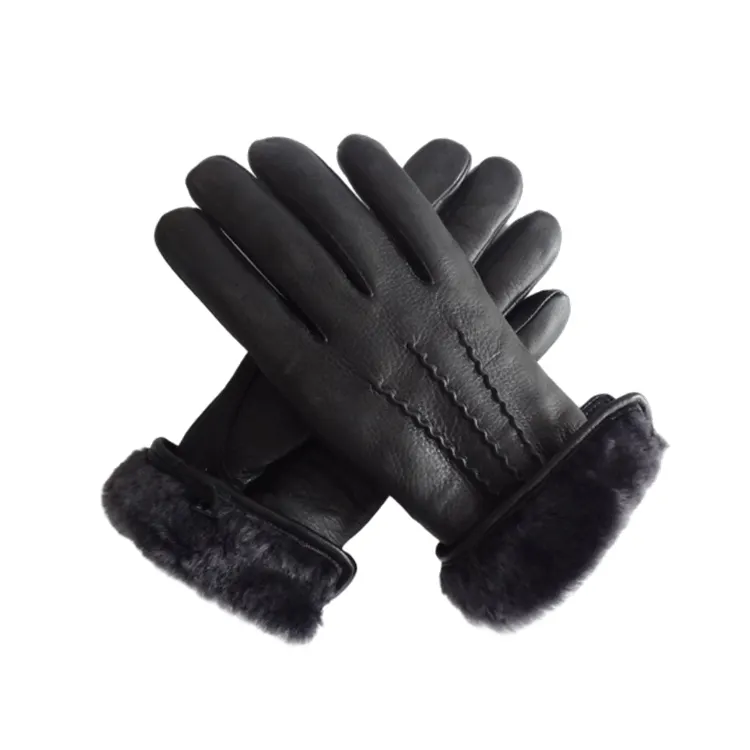 Gants d'hiver à écran tactile thermique pour hommes et femmes, doublure en fourrure de mouton, thinsulate, en cuir de cerf, noir et chaud