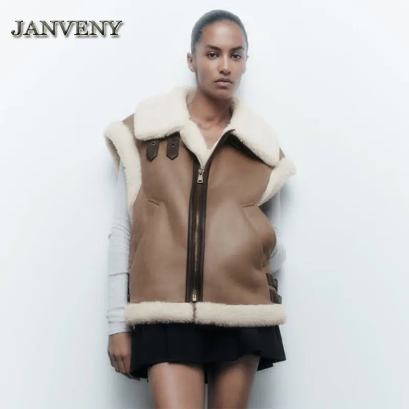 JANVENY 2023 nuovo autunno inverno caldo giacca in pile reversibile in pelliccia sintetica donna Pu gilet senza maniche Patchwork in pelle di agnello