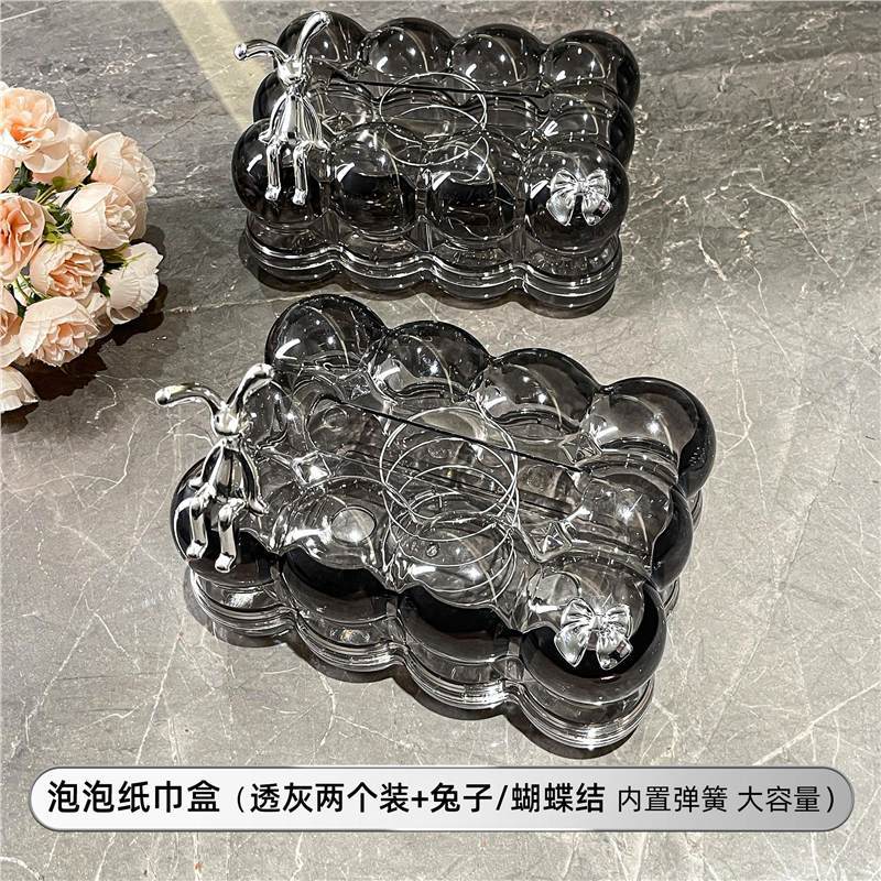 กล่องทิชชู่บับเบิ้ลพร้อมโบว์กระต่าย (สีเทาใส แพ็ค 2 ชิ้น)