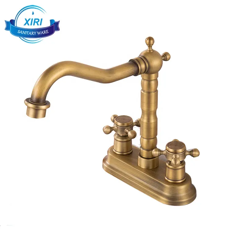 Classic Vintage Brass Deck Mounted Dual Hole Bathroom Basin Mixer Tap Two Handle Antique Washbasin Faucet AF1430